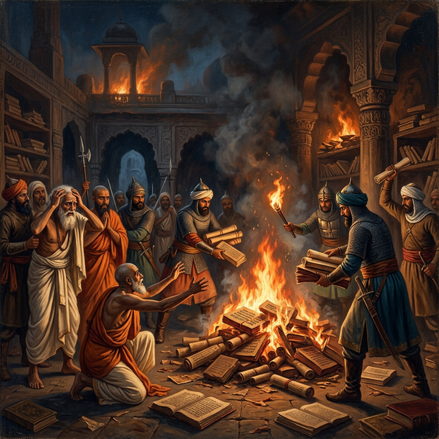 Ancient Sanskrit manuscripts and Hindu religious texts being confiscated and destroyed by medieval Islamic soldiers in 14th century India — representing Firoz Shah Tughlaq's raid on the Jwalamukhi temple library in 1361 CE where 1300 books of Sanskrit knowledge were taken and effectively destroyed through coercive translation