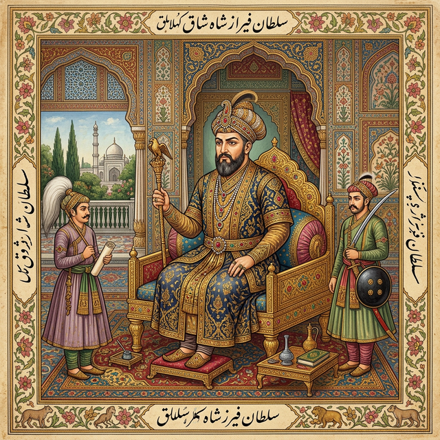 Portrait representation of Firoz Shah Tughlaq — 14th century Delhi Sultan, regal medieval Islamic ruler wearing elaborate royal robes and a turban embroidered with gold, from a historical court painting style