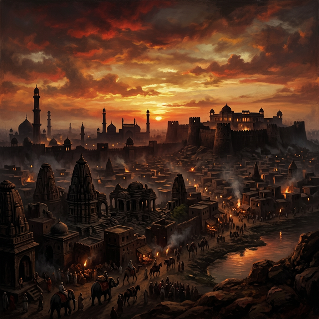 Wide panoramic depiction of medieval Delhi Sultanate circa 1360 CE — silhouettes of ornate mosque minarets and destroyed Hindu temple ruins against a dramatic crimson and golden sunset sky symbolising the era of Firoz Shah Tughlaq's rule