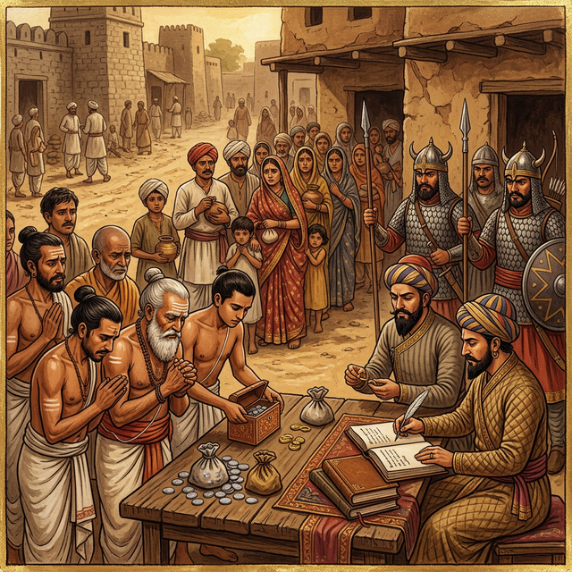 Medieval scene of religious persecution under Firoz Shah Tughlaq — Hindu Brahmins facing forced jizya tax collection by Delhi Sultanate officials