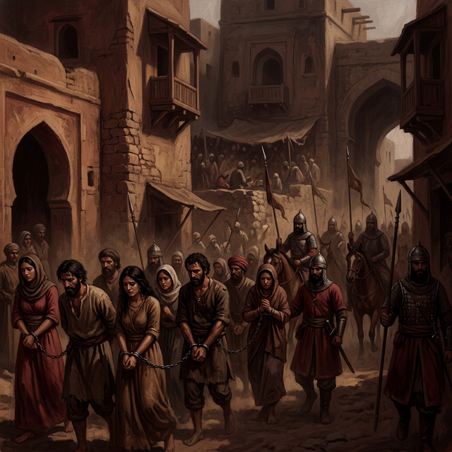 Medieval scene depicting Hindu captives being enslaved by Delhi Sultanate forces under Firoz Shah Tughlaq — chained prisoners marched through streets, a documented atrocity from 14th century India
